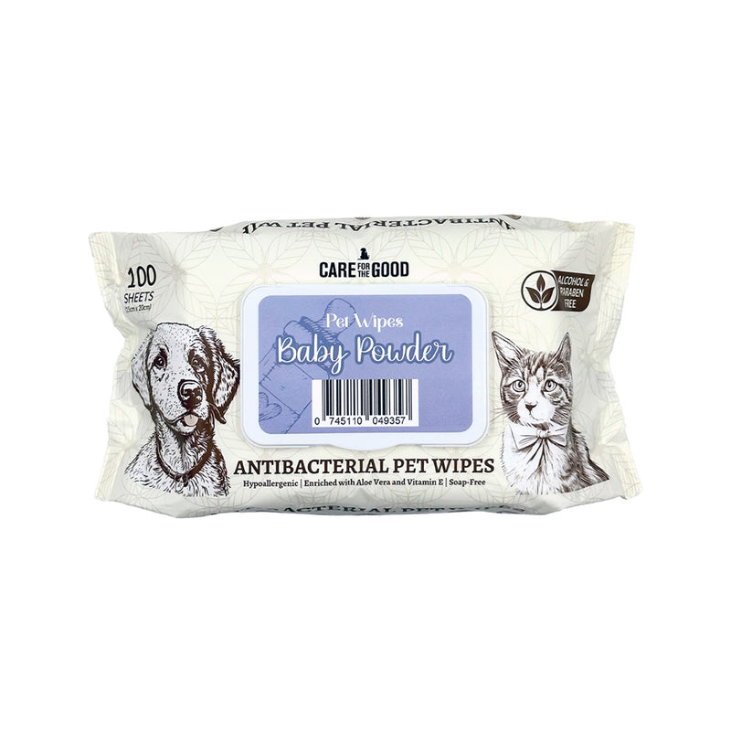 Care For The Good AntiBacterial Pet Wipes Baby Powder 15cm x 20cm - 100 Sheets