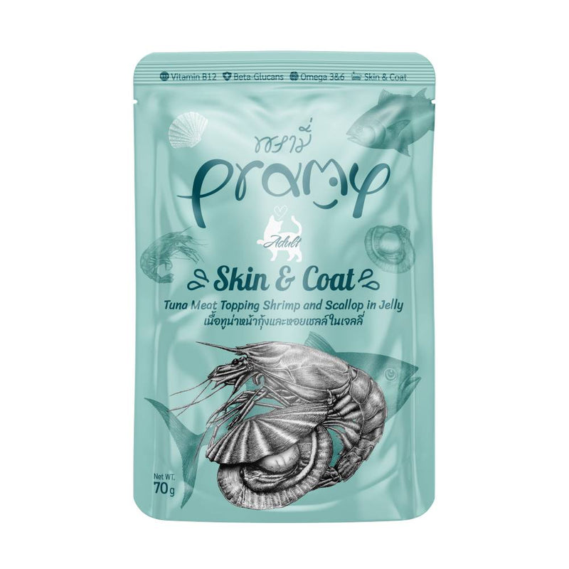 Pramy Cat Adult Skin & Coat Tuna Meat Topping Shrimp and Scallop in Jelly 70g