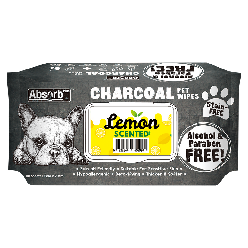 Absorb Plus Charcoal Pet Wipes Lemon Scented 15cm x 20cm - 80sheets