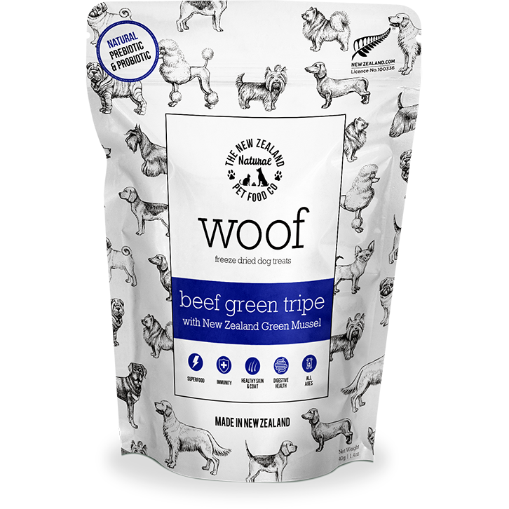 Woof Freeze-Dried Beef Green Tripe with NZ Green Mussel Dog Treat 40g