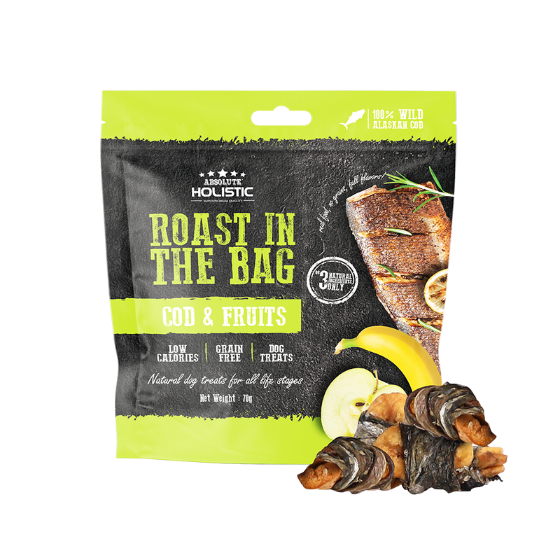 Absolute Holistic Dog Roast In The Bag Natural Treats Cod & Fruits 70g