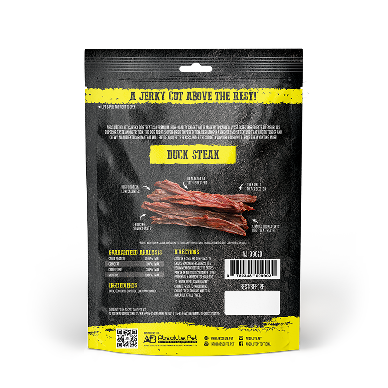 Absolute Holistic Dog Treats Duck Jerky Steak 100g