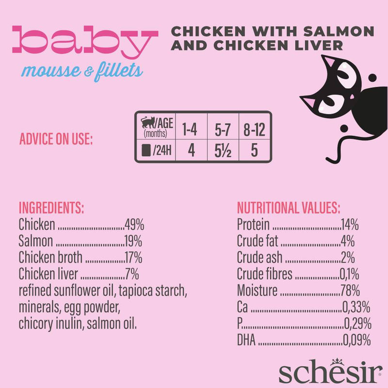 Schesir Cat Baby Mousse & Fillets Chicken With Salmon And Chicken Liver 165g (3 x 55g)