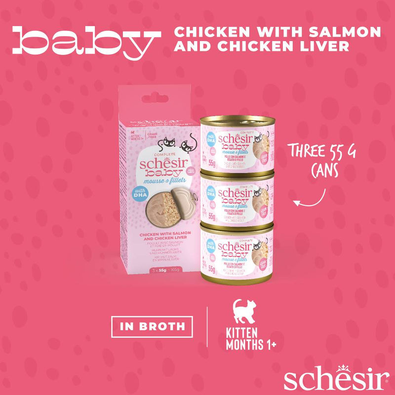 Schesir Cat Baby Mousse & Fillets Chicken With Salmon And Chicken Liver 165g (3 x 55g)