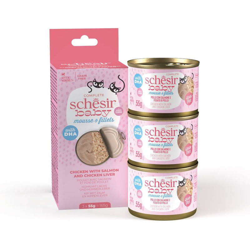 Schesir Cat Baby Mousse & Fillets Chicken With Salmon And Chicken Liver 165g (3 x 55g)