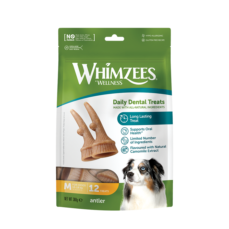 Whimzees All Natural Dental Treats for Dogs Antler M 12pcs