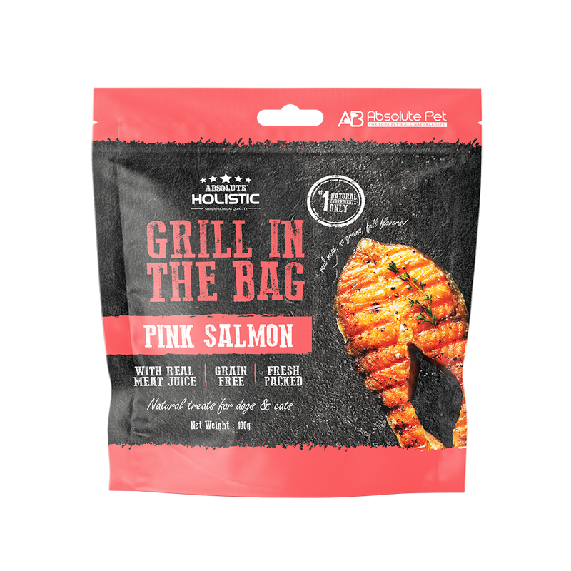Absolute Holistic Dog & Cat Grill In The Bag Natural Treats Pink Salmon 100g