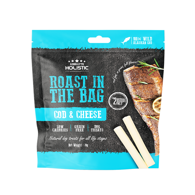 Absolute Holistic Dog Roast In The Bag Natural Treats Cod & Cheese 70g