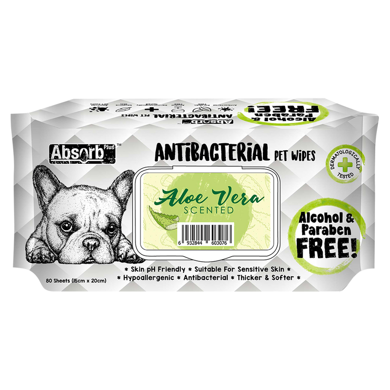 Absorb Plus AntiBacterial Pet Wipes Aloe Vera Scented 15cm x 20cm - 80sheets