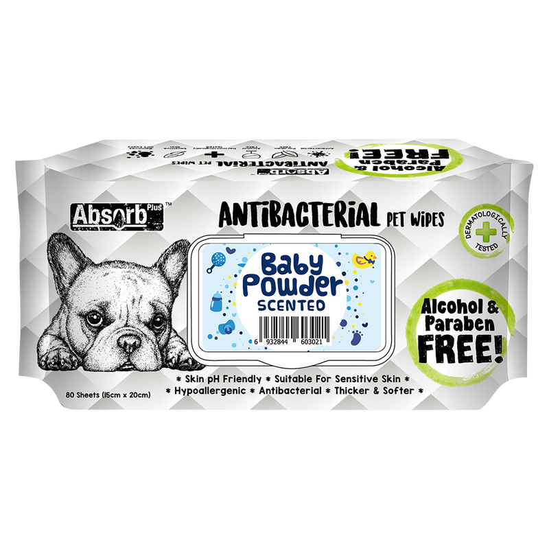 Absorb Plus AntiBacterial Pet Wipes Baby Powder Scented 15cm x 20cm - 80sheets