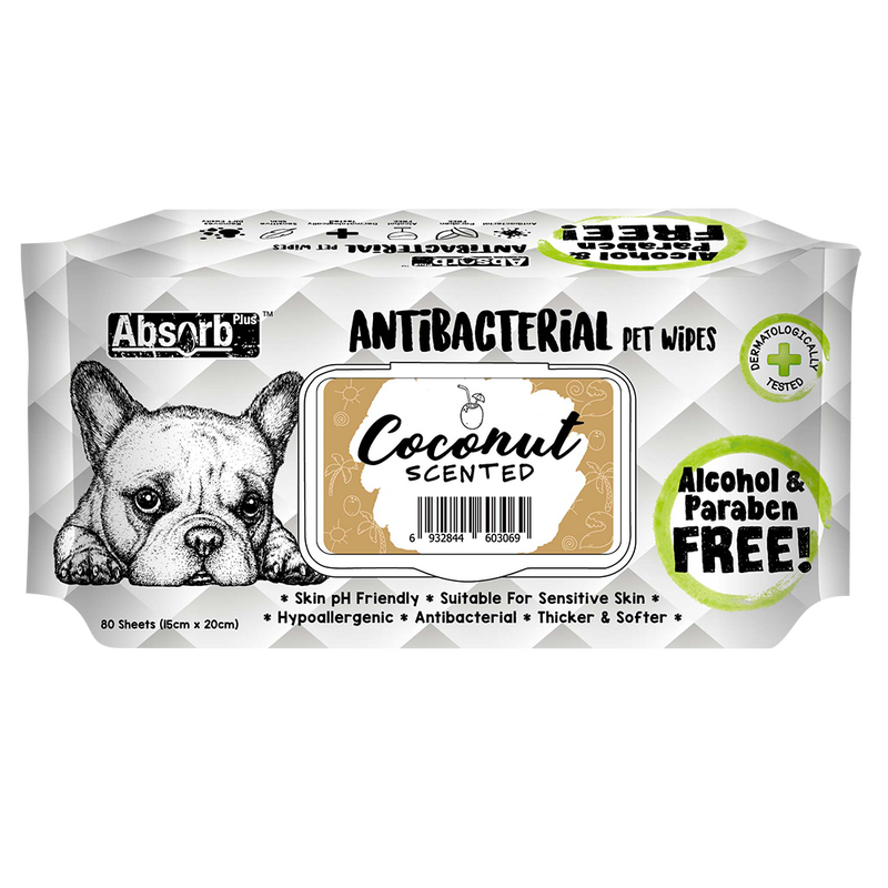 Absorb Plus AntiBacterial Pet Wipes Coconut Scented 15cm x 20cm - 80sheets