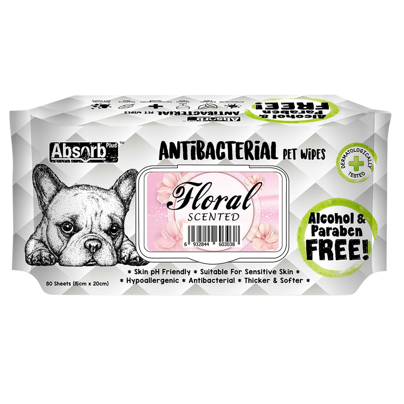 Absorb Plus AntiBacterial Pet Wipes Floral Scented 15cm x 20cm - 80sheets