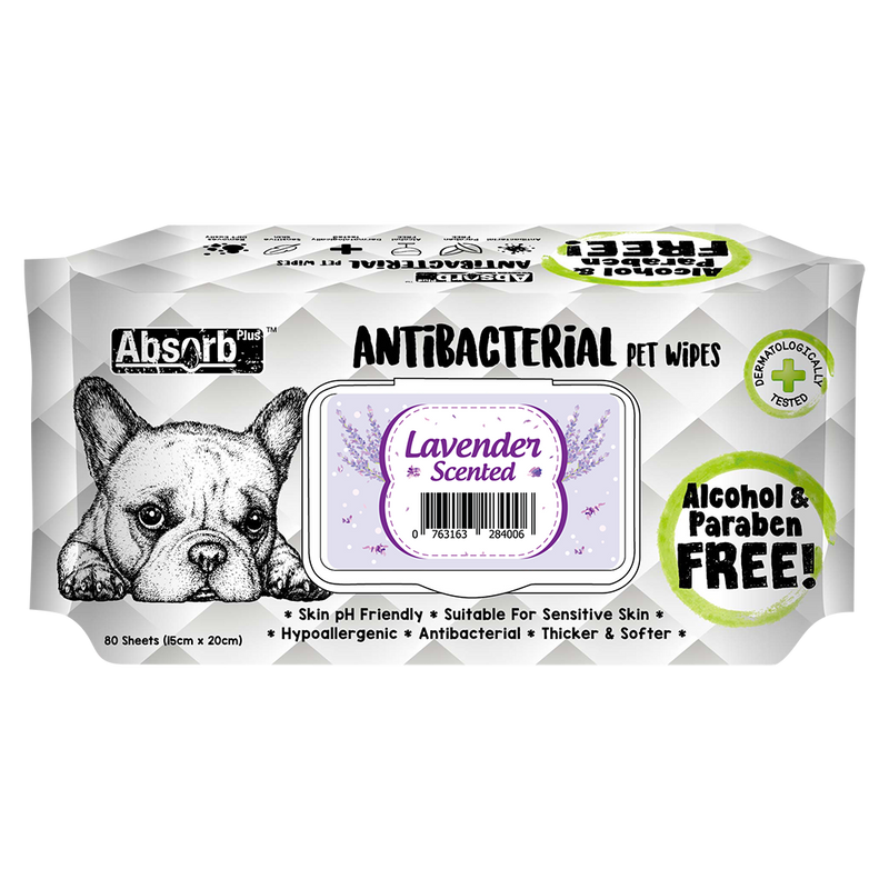 Absorb Plus AntiBacterial Pet Wipes Lavender Scented 15cm x 20cm - 80sheets