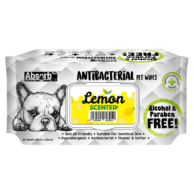 Absorb Plus AntiBacterial Pet Wipes Lemon Scented 15cm x 20cm - 80sheets