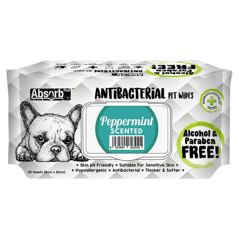 Absorb Plus AntiBacterial Pet Wipes Peppermint Scented 15cm x 20cm - 80sheets