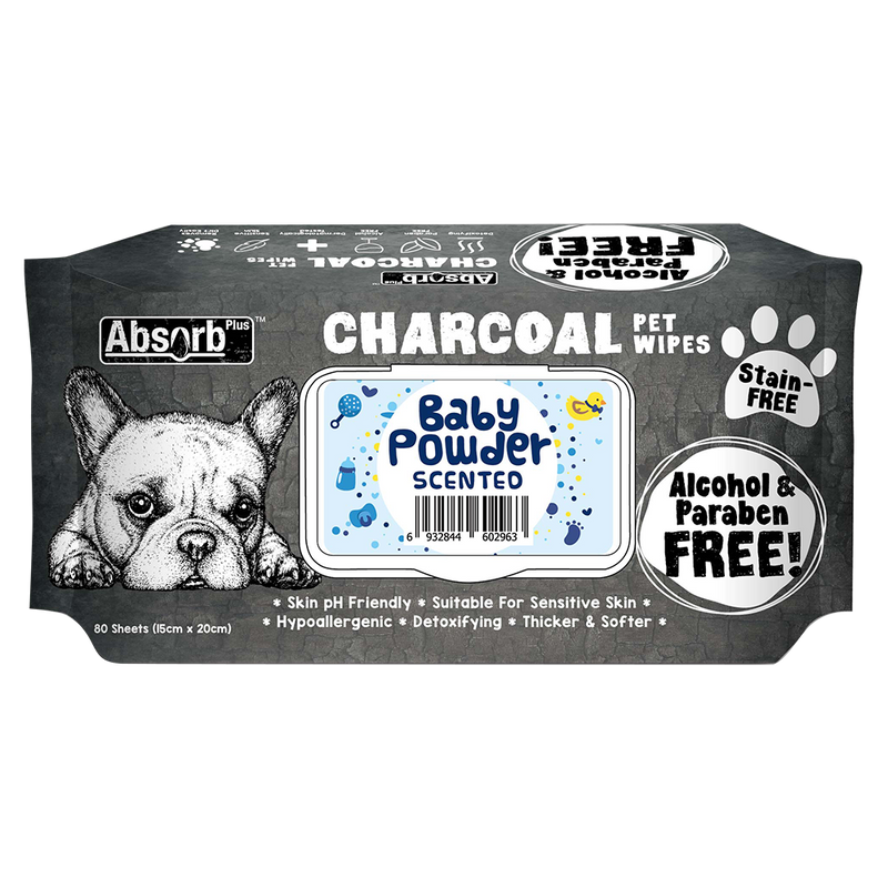 Absorb Plus Charcoal Pet Wipes Baby Powder Scented 15cm x 20cm - 80sheets