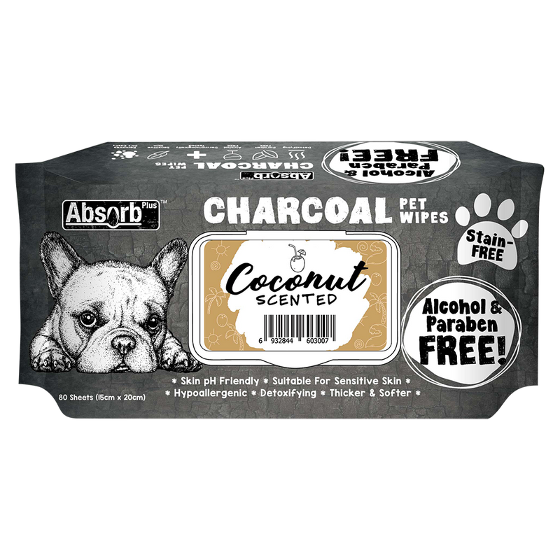 Absorb Plus Charcoal Pet Wipes Coconut Scented 15cm x 20cm - 80sheets