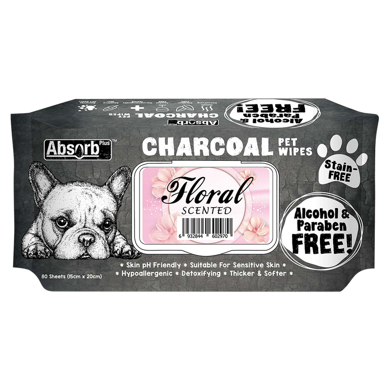 Absorb Plus Charcoal Pet Wipes Floral Scented 15cm x 20cm - 80sheets