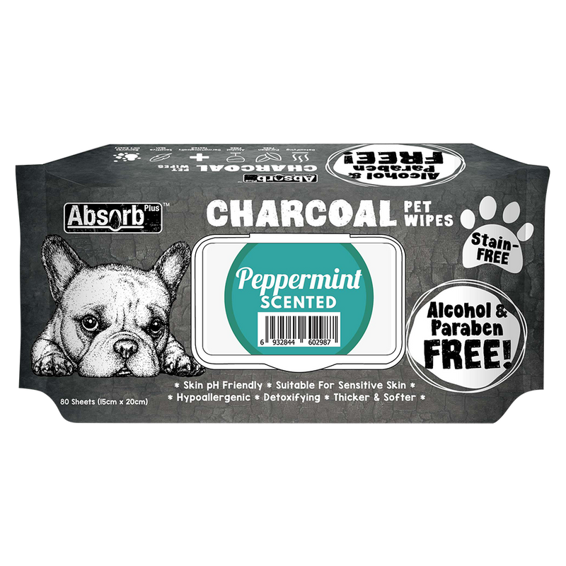 Absorb Plus Charcoal Pet Wipes Peppermint Scented 15cm x 20cm - 80sheets