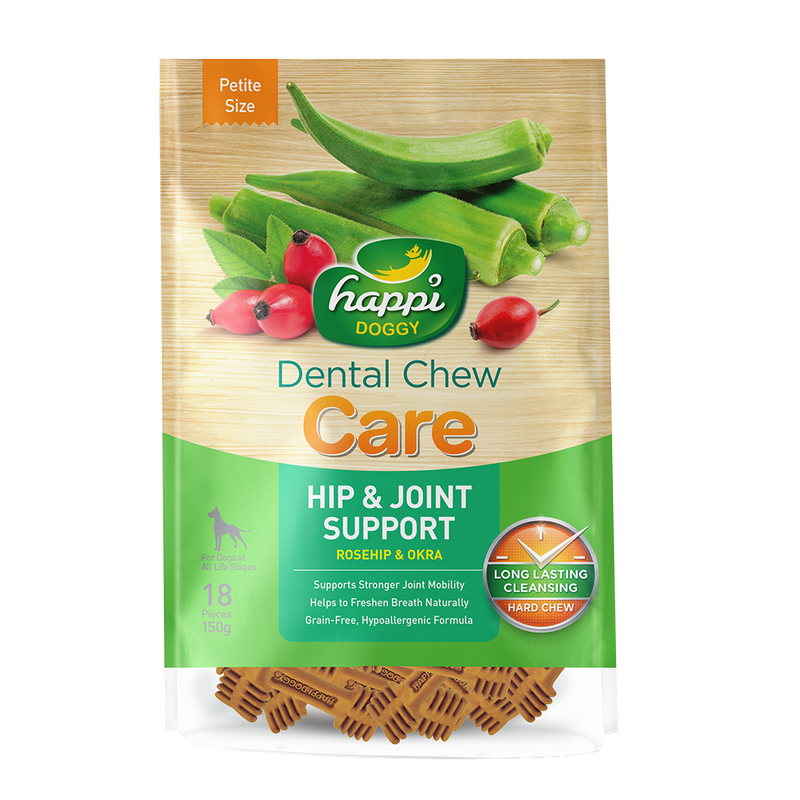 Happi Doggy Dental Chew Care Hard Chew Hip & Joint Support Rosehip & Okra Petite 150g