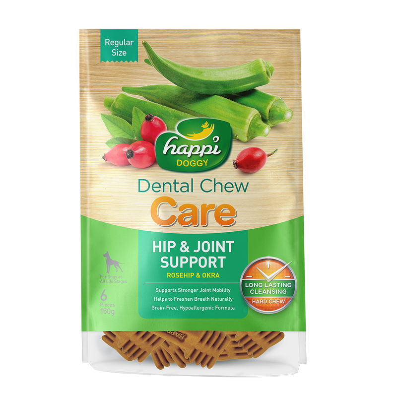 Happi Doggy Dental Chew Care Hard Chew Hip & Joint Support Rosehip & Okra Regular 150g