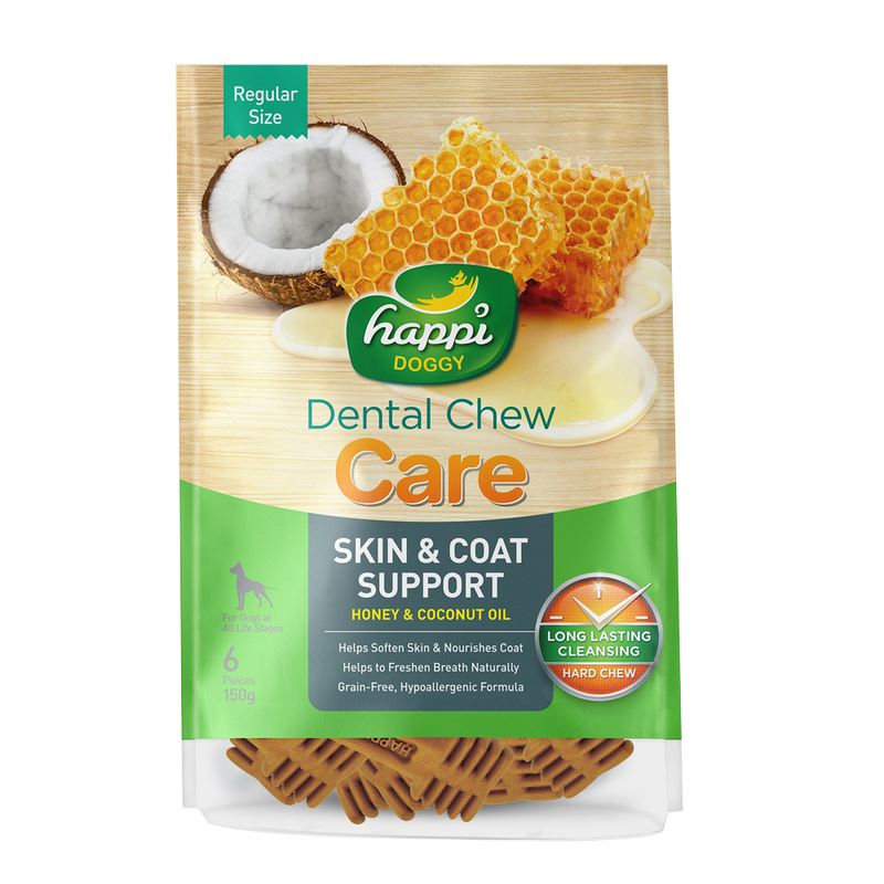 Happi Doggy Dental Chew Care Hard Chew Skin & Coat Support Honey & Coconut Oil Petite 150g