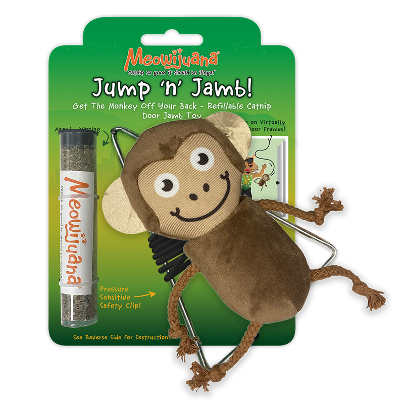 Meowijuana Cat Toy Jump 'n' Jamb! Get The Monkey Off Your Back Refillable Door Jamb Toy