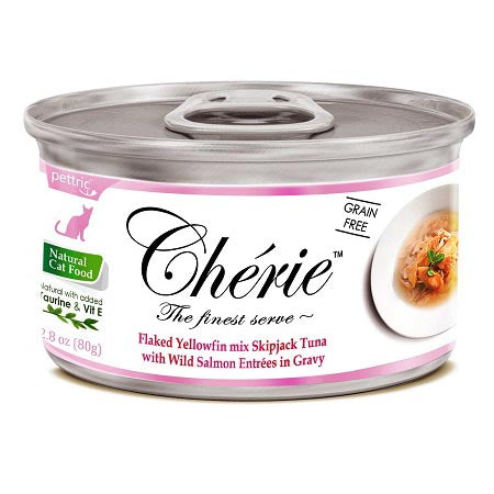 Cherie Cat Grain-Free Flaked Yellowfin Mix Skipjack Tuna with Wild Salmon Entrees in Gravy 80g