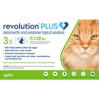 Revolution Plus Selamectin & Sarolaner Topical Solution for Cats 11.1-22lb Green 3pcs