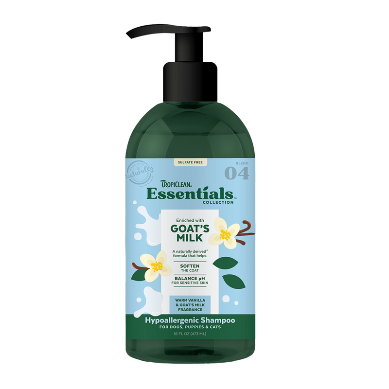 TropiClean Essentials Hypoallergenic Shampoo Goat's Milk - Warm Vanilla & Goat's Milk for Dogs, Puppies & Cats 16oz
