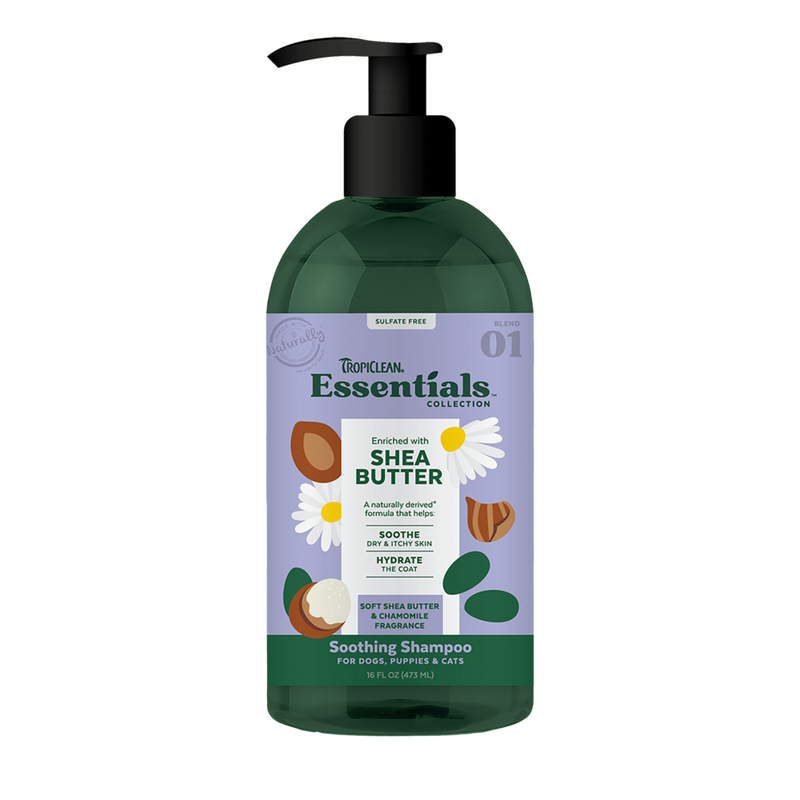 TropiClean Essentials Soothing Shampoo Shea Butter - Soft Shea Butter & Chamomile for Dogs, Puppies & Cats 16oz