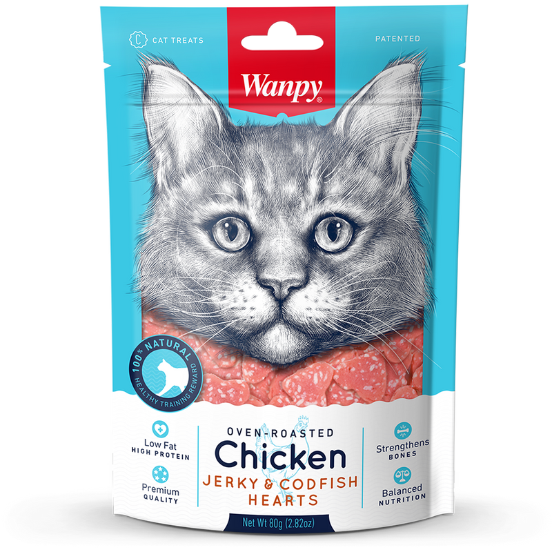 Wanpy Cat Oven-Roasted Chicken Jerky & Codfish Hearts 80g