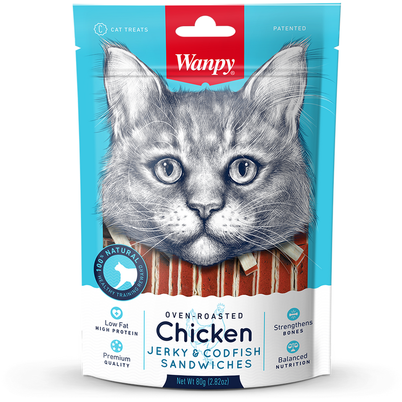 Wanpy Cat Oven-Roasted Chicken Jerky & Codfish Sandwiches 80g