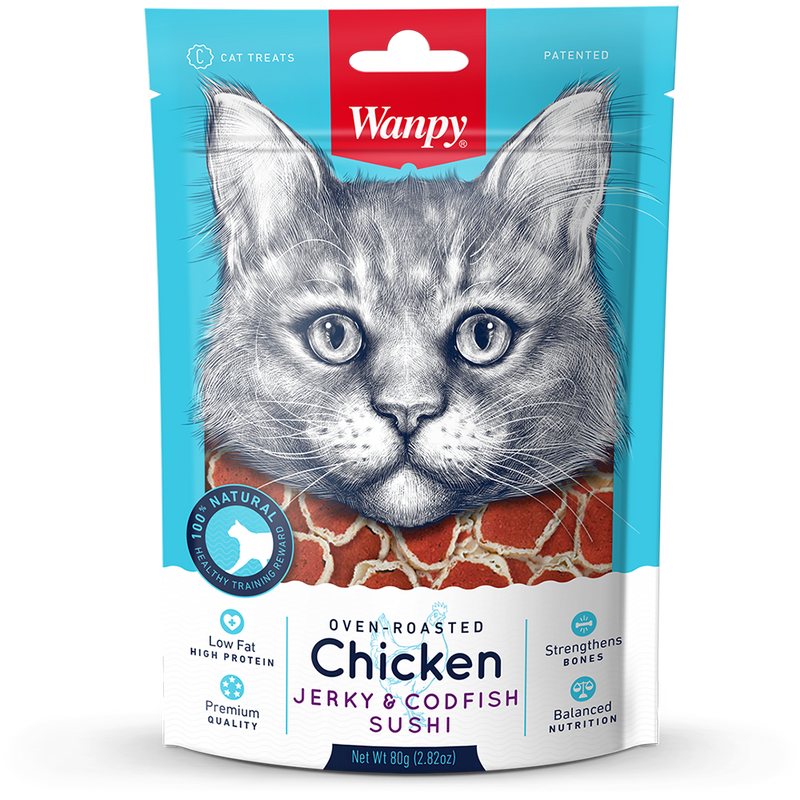 Wanpy Cat Oven-Roasted Chicken Jerky & Codfish Sushi 80g