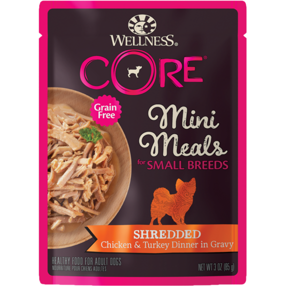 Wellness Dog Core Small Breed Mini Meals - Shredded Chicken & Turkey Dinner in Gravy 3oz